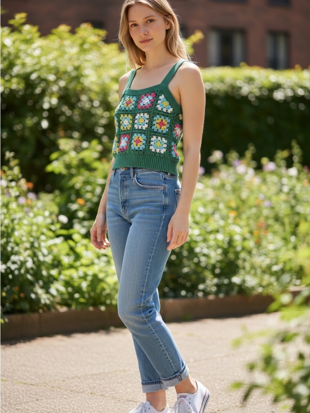 Green Crochet Granny Square Tank Top